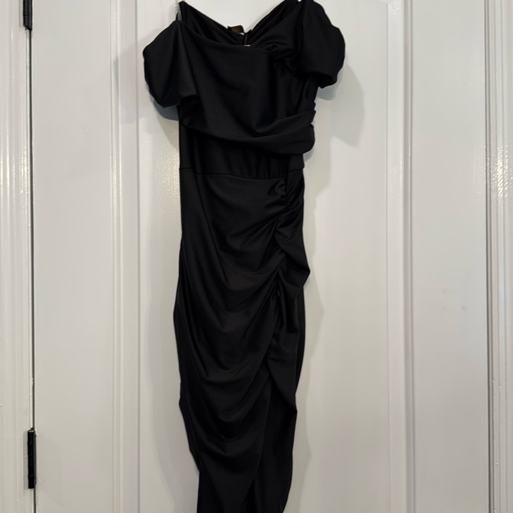 🔵 NWT Fashion Effect Black Sleeveless Off The Shoulder Ruched Dress Size Small
